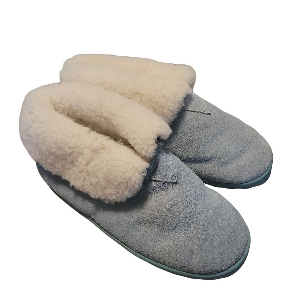 RJ's Fuzzies Womens Blue Suede Sheepskin Lined Bootie Slippers 8 Leather Sherpa - Picture 2 of 7